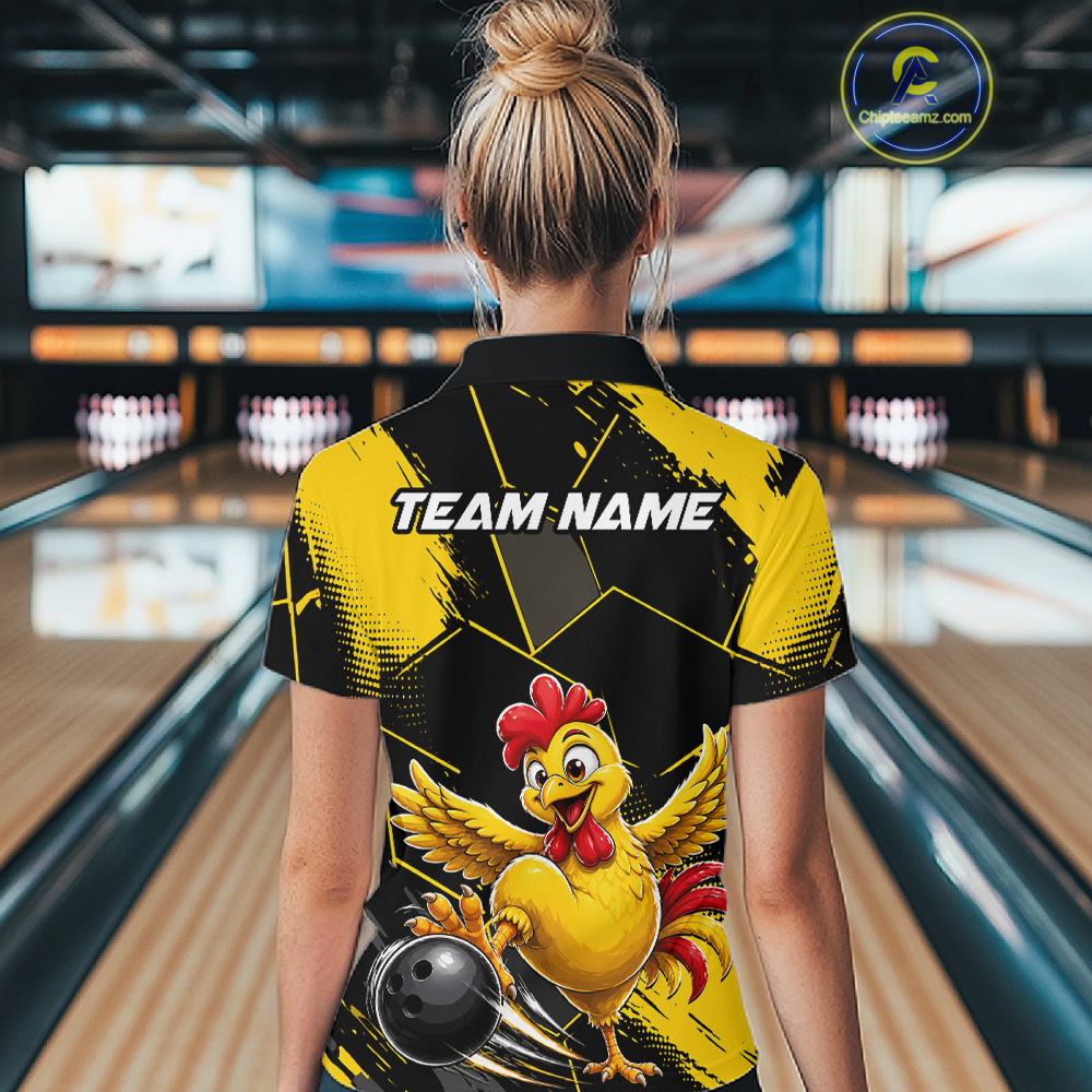 Custom Black & Yellow Funny Chicken Bowling Shirt for Women Bowling Team Jersey Polo & 1/4-Zip QZT1010