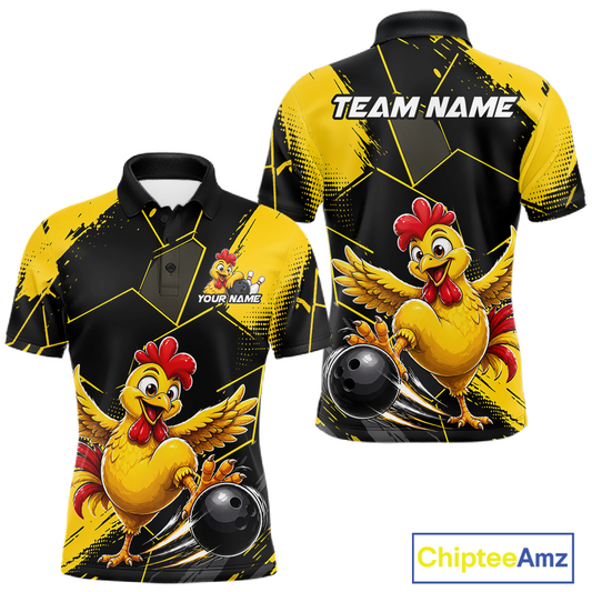 Custom Black & Yellow Funny Chicken Bowling Shirt for Men Bowling Team Jersey Polo & Quarter-Zip QZT1010