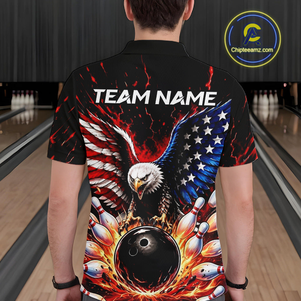Person wearing a bowling shirt with an eagle design and 'Team Name' text in a bowling alley.