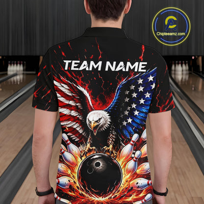 Person wearing a bowling shirt with an eagle design and 'Team Name' text in a bowling alley.