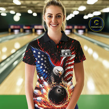 Load image into Gallery viewer, Woman wearing a bowling shirt with an eagle design in a bowling alley.