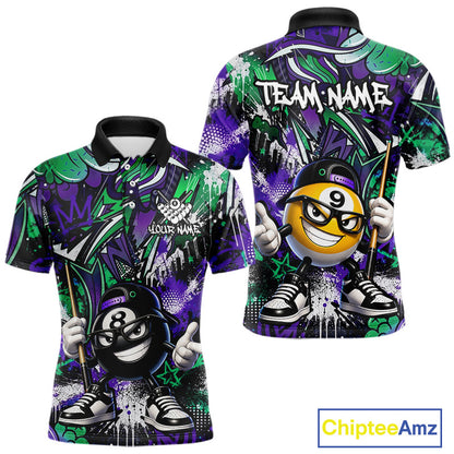 Purple green polo shirts with a cartoon character and 'Team Name' text.