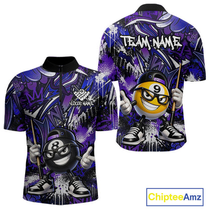 Purple and blue sports jersey with cartoon billiard ball design and 'Team Name' text on a white background.