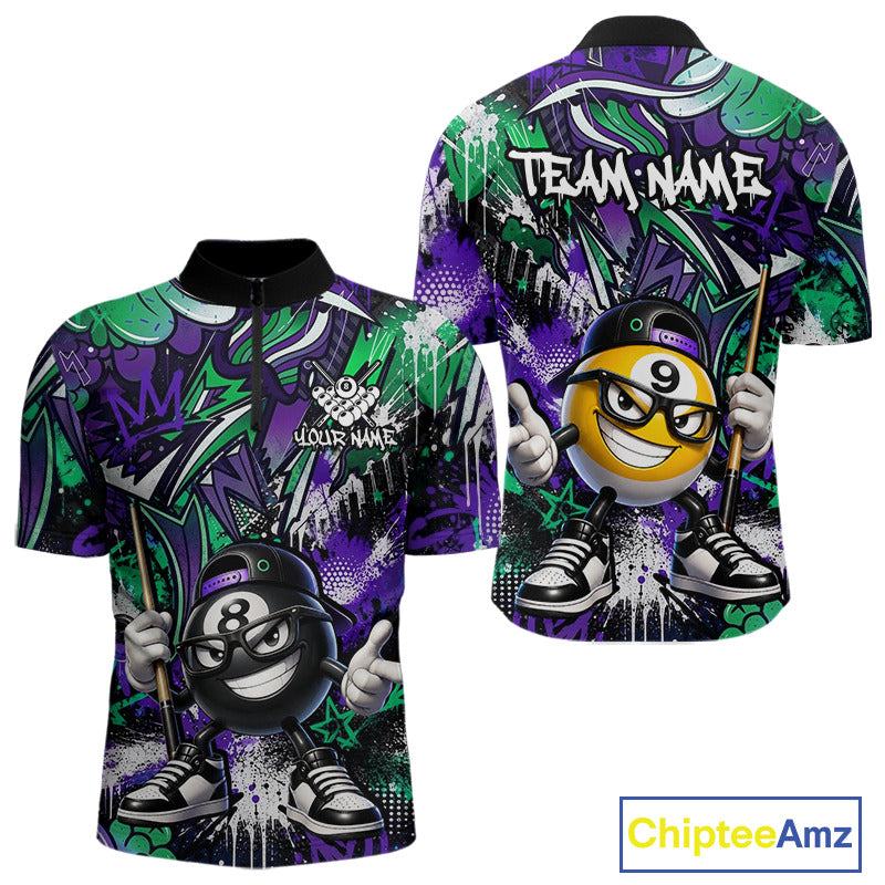 Purple green bowling shirt with cartoon billiard ball design and 'Team Name' text on a white background.