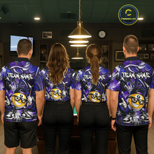 Load image into Gallery viewer, Four people wearing matching purple billiard shirts with a team logo in a pool hall.