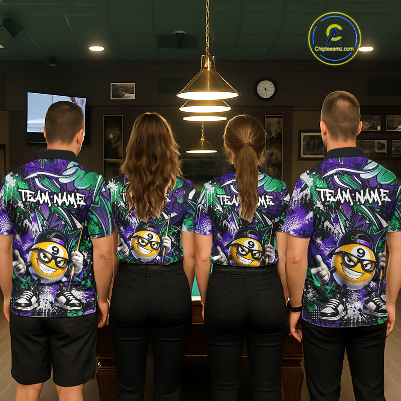 Four people wearing matching team jerseys in a room with a pool table.