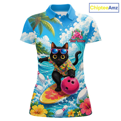 A women's short-sleeve polo shirt with a vibrant all-over tropical beach print featuring a black cat surfing on a yellow board while holding a pink bowling ball. The shirt has a blue collar and includes a customizable 'Your Name' graphic.