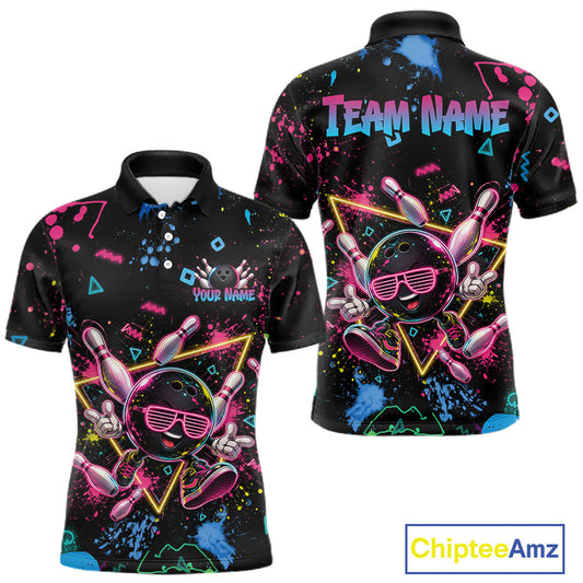 A black short-sleeve polo shirt shown from the front and back, featuring a vibrant neon 80s-style bowling graphic with pink bowling pins, a cartoon bowling character wearing pink sunglasses, colorful paint splatters, and customizable text areas reading 'TEAM NAME' and 'YOUR NAME'.