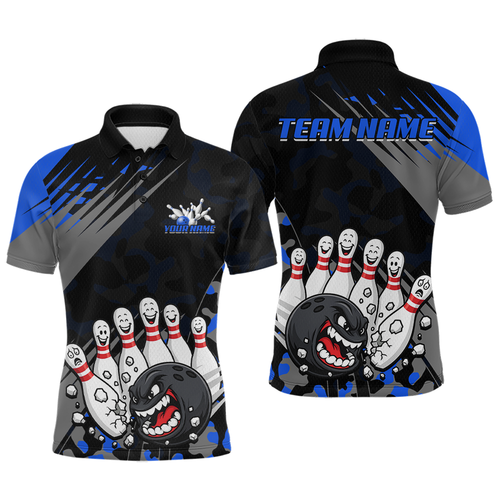 Custom Blue Funny Bowling Shirt Crazy Bowling Jersey Men Polo & 1/4 Zip Bowling Outfit QZT785