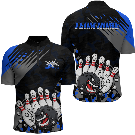 Custom Blue Funny Bowling Shirt Crazy Bowling Jersey Men Polo & 1/4 Zip Bowling Outfit QZT785