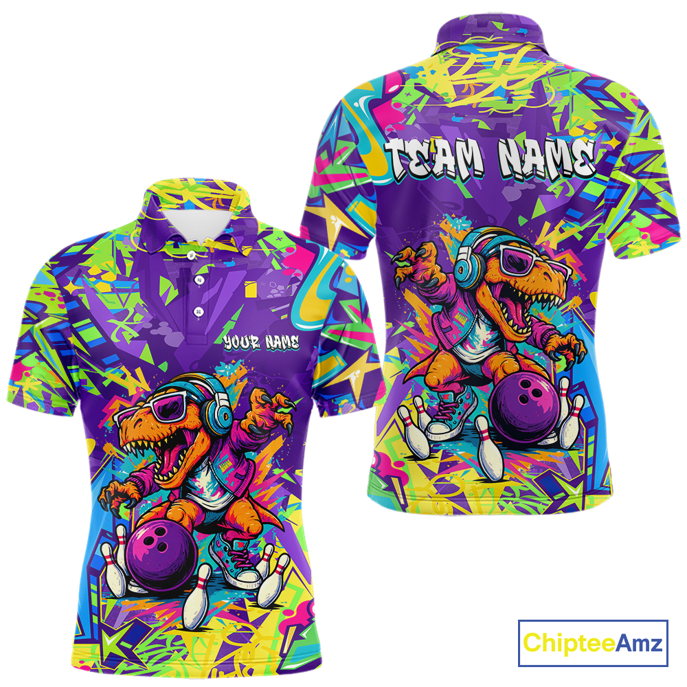 Custom Funny Graffiti Dinosaur Bowling Shirt Polo & 1/4 Zip Bowling Jersey for Men Bowling Outfit QZT795