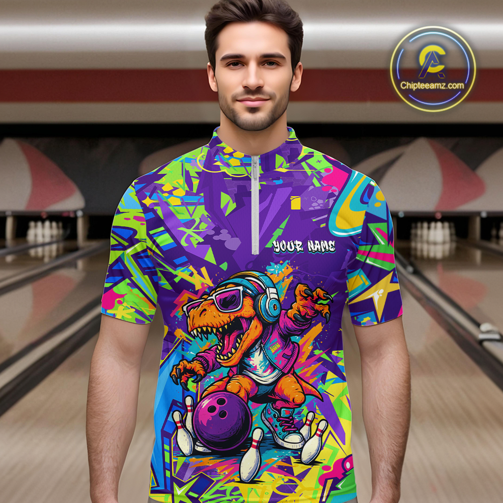 Custom Funny Graffiti Dinosaur Bowling Shirt Polo & 1/4 Zip Bowling Jersey for Men Bowling Outfit QZT795
