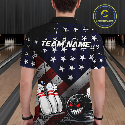 Custom American Flag Funny Bowling Team Shirt for Men Polo & Quarter-Zip Bowling Jersey Blue Red White QZT928
