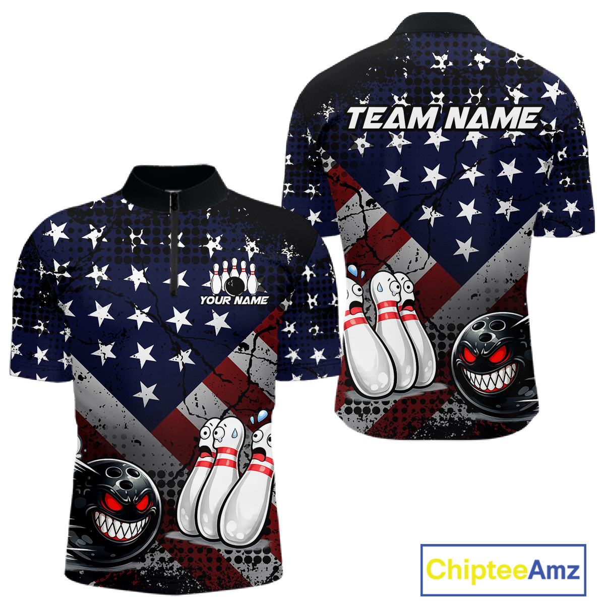 Custom American Flag Funny Bowling Team Shirt for Men Polo & Quarter-Zip Bowling Jersey Blue Red White QZT928
