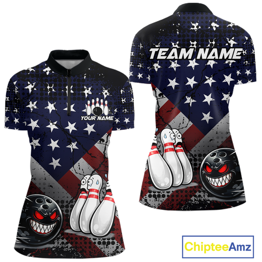 Custom American Flag Funny Bowling Team Shirt for Women Polo & Quarter-Zip Bowling Jersey Blue Red White QZT928