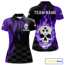 Load image into Gallery viewer, Purple Flame Skull Bowling Shirt Bowling Team Jersey for Women Polo &amp; 1/4-Zip QZT931