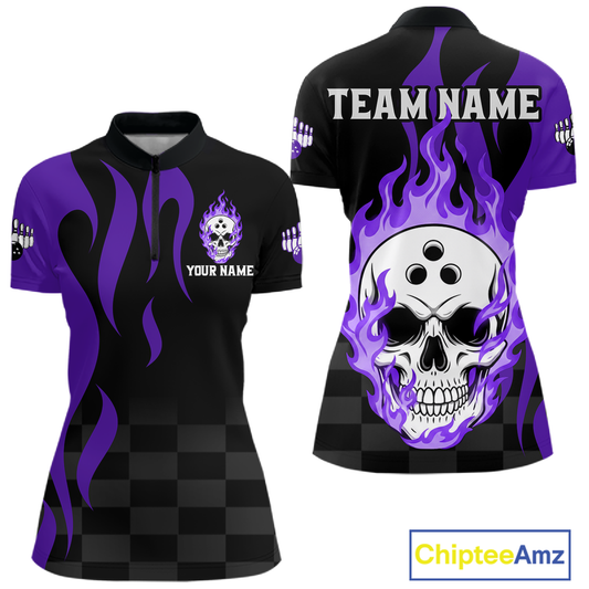 Purple Flame Skull Bowling Shirt Bowling Team Jersey for Women Polo & 1/4-Zip QZT931
