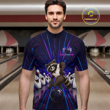 Load image into Gallery viewer, Man wearing a bowling shirt with a raccoon design in a bowling alley.