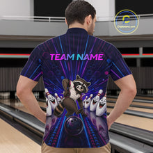 Load image into Gallery viewer, Person wearing a colorful bowling shirt with a raccoon graphic and 'Team Name' text in a bowling alley.