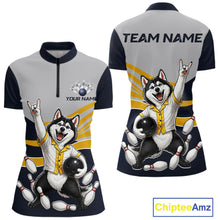 Load image into Gallery viewer, Bowling-themed shirt with a dog graphic on the front and back, featuring customizable text areas.