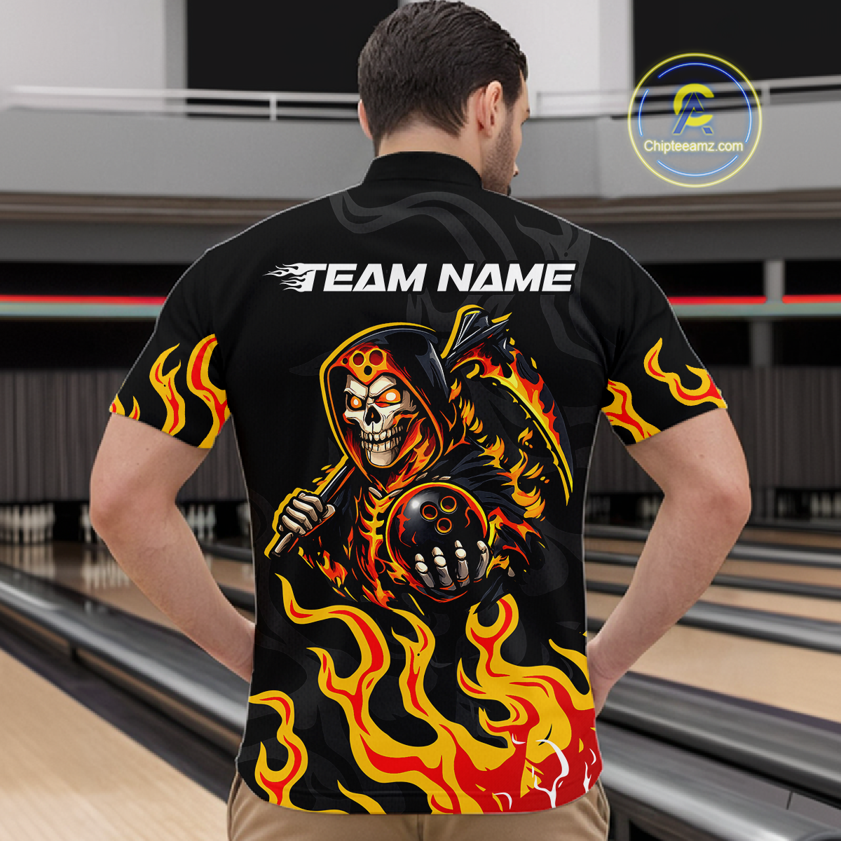 Custom Orange Flame Skull Bowling Shirt for Men Bowling Jersey League Bowling Gifts QZT842
