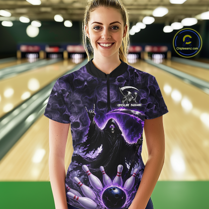 Custom Grim Reaper Bowling Shirt for Women Skull Pattern Bowling Jersey Polo &1/4 Zip QZT978