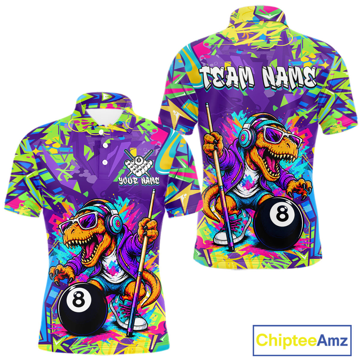 Colorful polo with a dinosaur design playing pool, featuring 'Team Name' text on a white background.