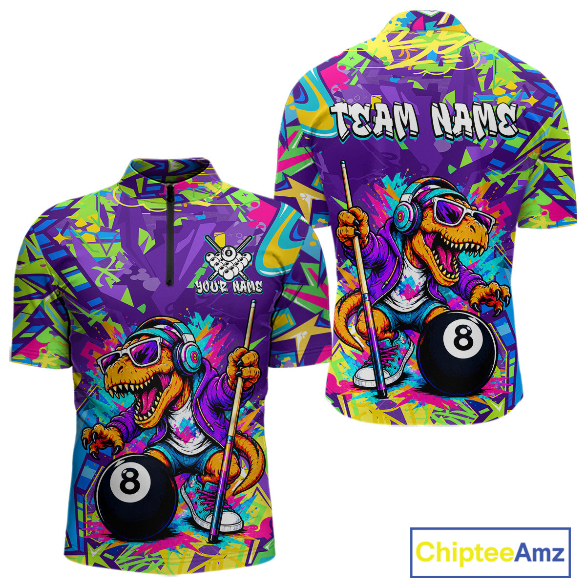 Colorful quarter-zip with a dinosaur design holding a pool ball and stick, featuring 'Team Name' text on a white background.