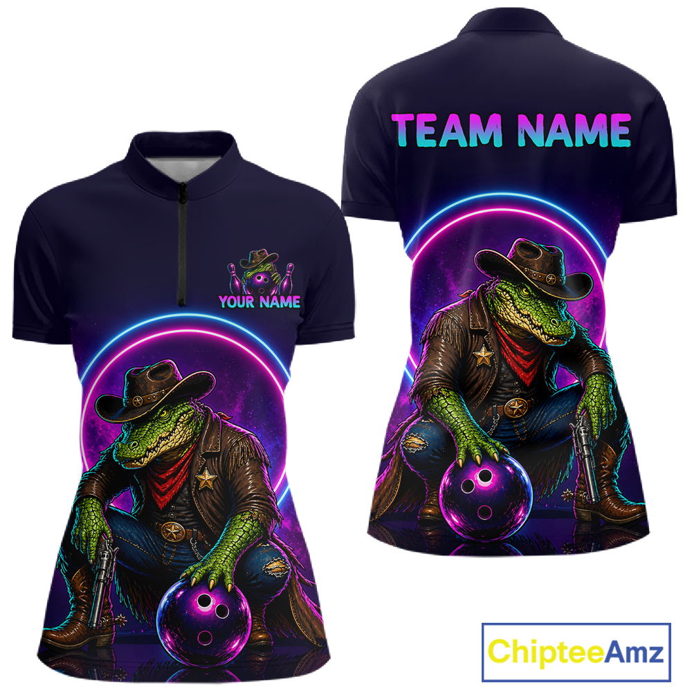 Custom Neon Cowboy Alliagator Bowling Shirt for Women Bowling Team Jersey Polo & 1/4-Zip Bowling Outfit QZT1013