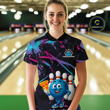 Load image into Gallery viewer, Custom Blue &amp; Pink Funny Bowling with Food for Women Bowling Shirt Polo &amp; 1/4 Zip QZT797