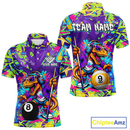 Graffiti polo shirt with a dinosaur design and billiard ball theme, featuring 'Team Name' text on the back.