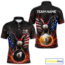 Load image into Gallery viewer, American flag polo shirt with eagle design and pool balls, customizable text on a white background