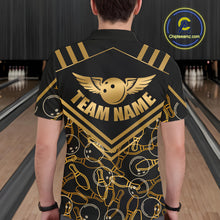 Load image into Gallery viewer, Male model wearing a custom black gold bowling polo shirt back view displaying the personalized team name above a golden winged bowling ball graphic at the bowling alley