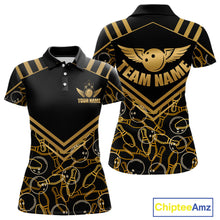 Load image into Gallery viewer, Front and back view custom black gold bowling polo shirt featuring a golden bowling ball with wings, bowling pins and geometric line pattern, personalized with team name and player name