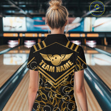 Load image into Gallery viewer, Female model wearing a custom black gold bowling quarter-zip shirt back view displaying the personalized team name above a golden winged bowling ball graphic at the bowling alley