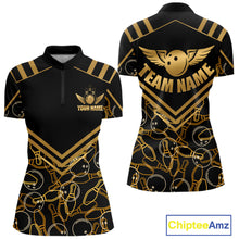 Load image into Gallery viewer, Front and back view custom black gold bowling quarter-zip shirt featuring a golden bowling ball with wings, bowling pins and geometric line design, personalized with team name and player name