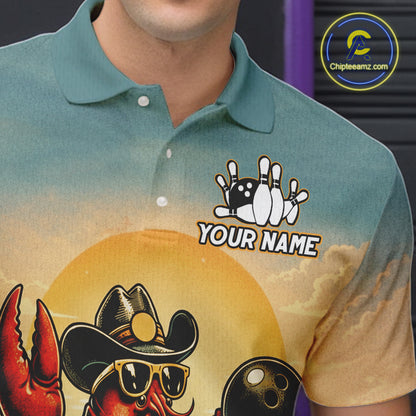 Person wearing a shirt with a colorful design featuring a crawfish, cowboy hat, and bowling elements, with 'Your Name' text.
