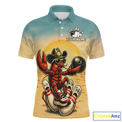 Polo shirt with a crawfish bowling design and customizable text on a gradient background
