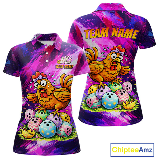 Custom Funny Chicken Bowling Team Shirt for Women Easter Bowling League Jersey Polo & 1/4-Zip QZT939