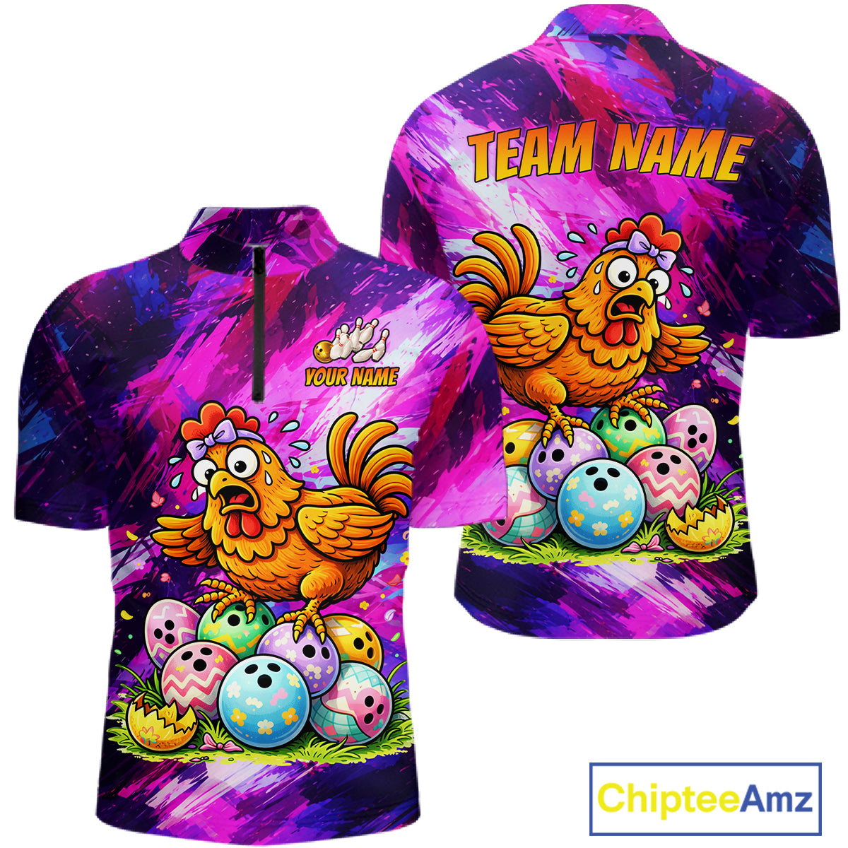 Custom Funny Chicken Bowling Team Shirt for Men Easter Bowling League Jersey Polo & 1/4-Zip QZT939