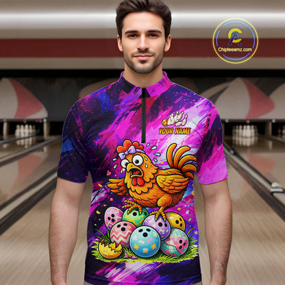Custom Funny Chicken Bowling Team Shirt for Men Easter Bowling League Jersey Polo & 1/4-Zip QZT939