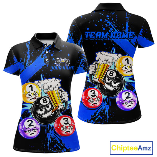 Custom Blue Funny 8 Ball Pool Billiard Team Shirts for Women Billiard League Jersey Polo &1/4 Zip BHT2