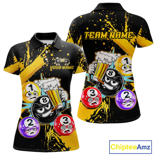 Custom Yellow Funny 8 Ball Pool Billiard Team Shirts for Women Billiard League Jersey Polo &1/4 Zip BHT2