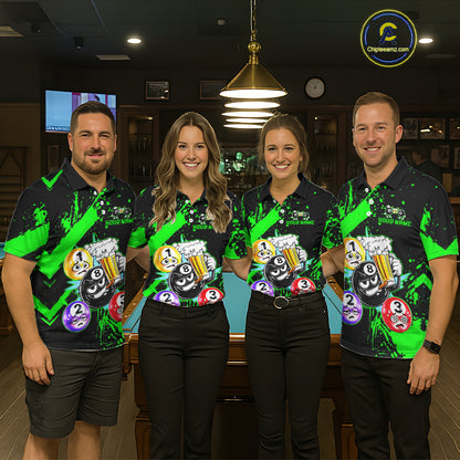 Custom Green Funny 8 Ball Pool Billiard Team Shirts for Women Billiard League Jersey Polo &1/4 Zip BHT2