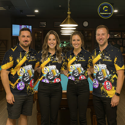 Custom Yellow Funny 8 Ball Pool Billiard Team Shirts for Women Billiard League Jersey Polo &1/4 Zip BHT2