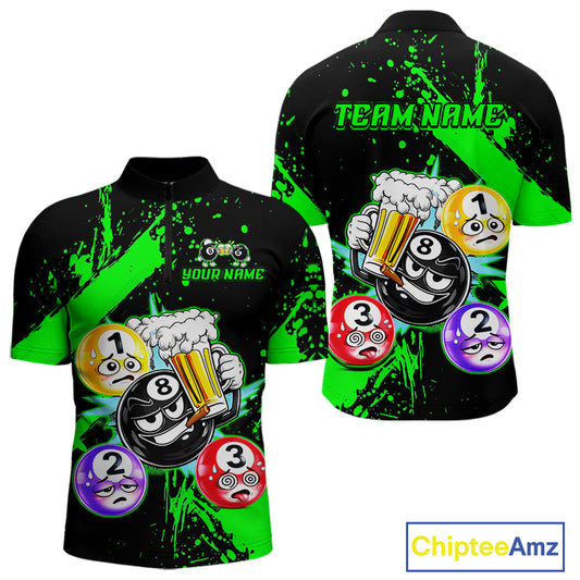 Custom Green Funny 8 Ball Pool Billiard Team Shirts for Men Billiard League Jersey Polo &1/4 Zip BHT2