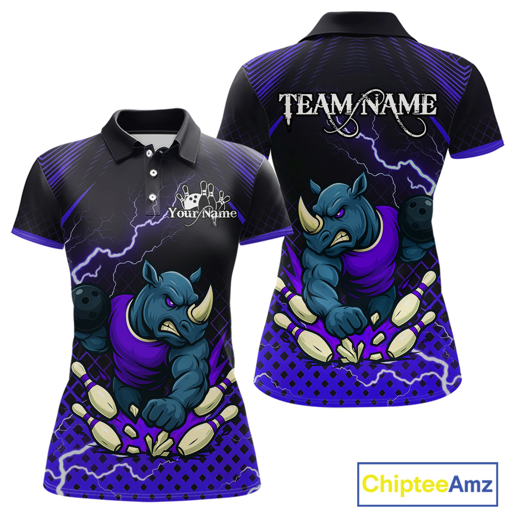 Custom Funny Purple Rhino Bowling Team Shirt for Women Bowling Jersey Polo, Quarter-Zip Outfit QZT805