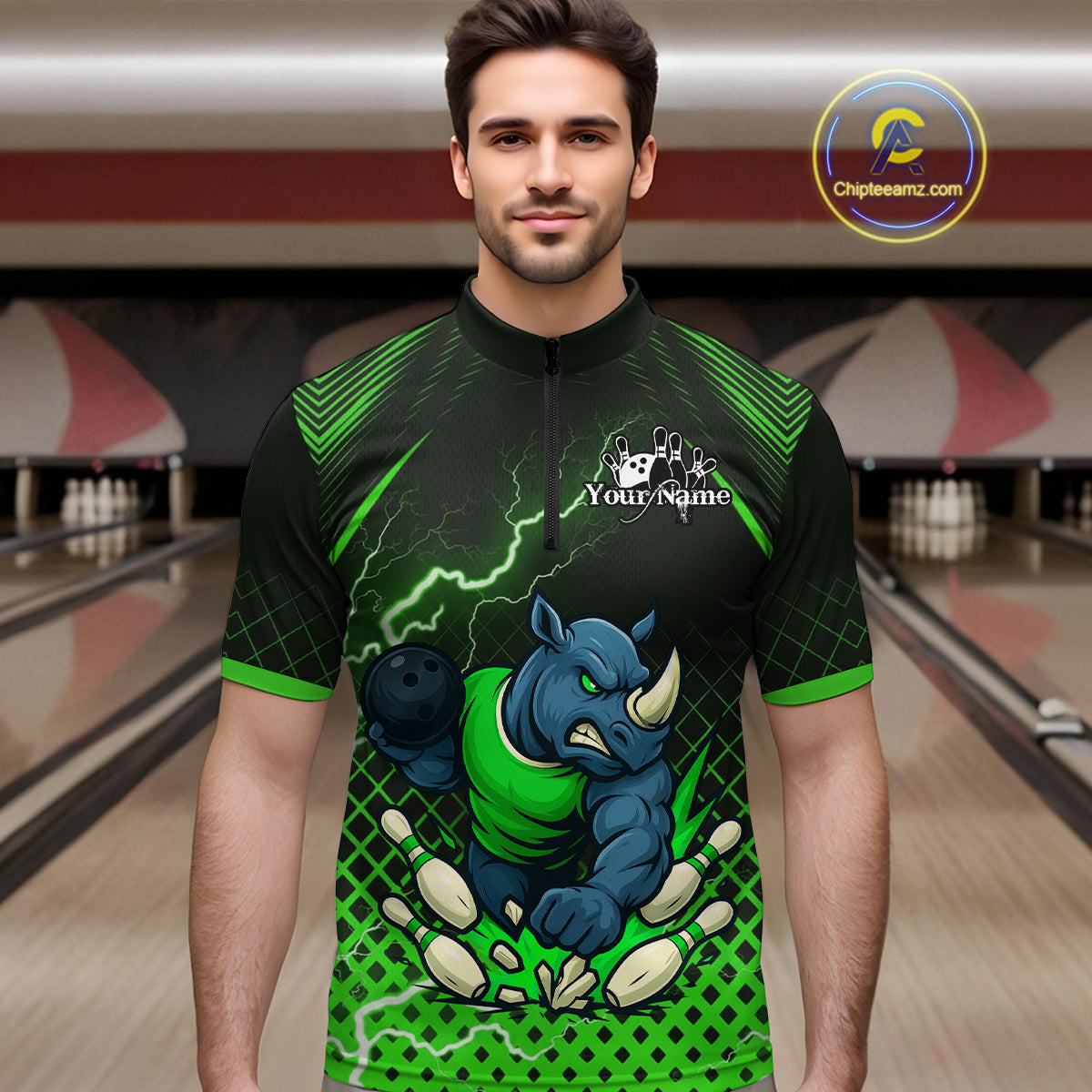 Custom Funny Green Rhino Bowling Team Shirt for Men Bowling Jersey Polo, Quarter-Zip Outfit QZT805