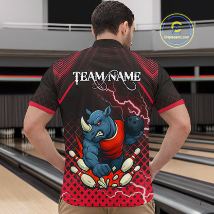 Custom Funny Red Rhino Bowling Team Shirt for Men Bowling Jersey Polo, Quarter-Zip Outfit QZT805