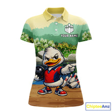 Load image into Gallery viewer, Polo shirt with cartoon duck design and customizable text on a white background